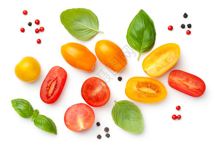 樱桃最佳红番茄和黄色顶观扁平面在红色和黄西柿的风景下胡椒粒图片