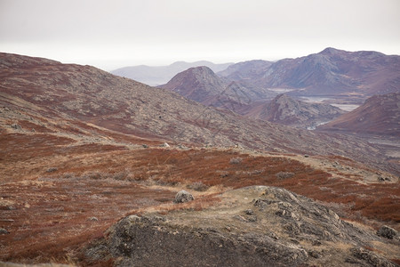 激烈的戏剧格陵兰北极圈地貌的景观秋天有山脉和棕色植被以及高的图片