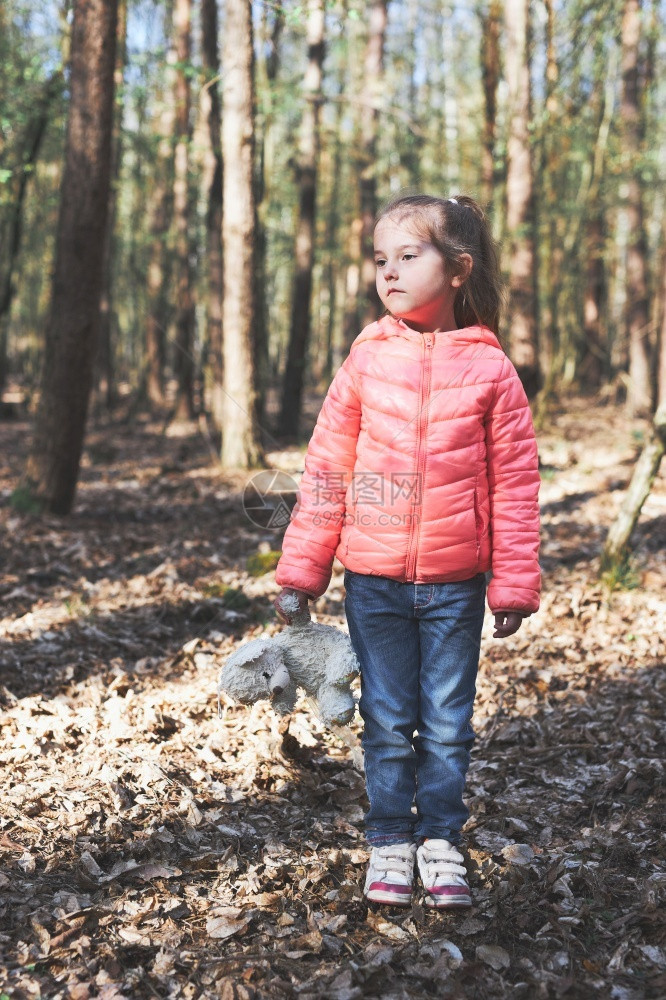 公园平衡在阳光明媚的春日散步时小女孩站在森林里的树桩上让玩具泰迪熊望去环境图片