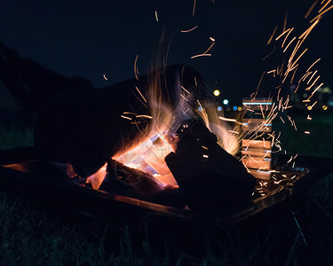 夜间营火烧烤的焰辉光花黑色的图片