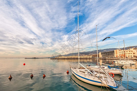 港口海景船游艇停泊在阳光明媚的意大利里雅斯特港湾图片