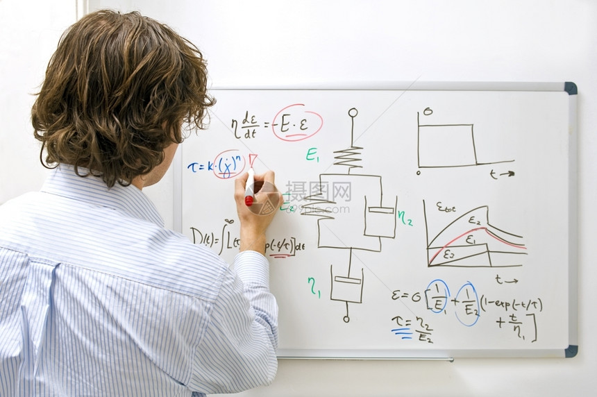 教育提示一名工程师在白板上绘制一个复杂的物理方程式学术的图片