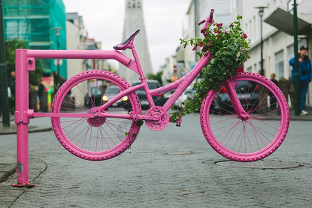 建造循环冰岛雷克雅未街的粉色自行车门城市图片
