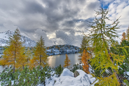 安宁托高山湖的季节交汇秋冬和相逢植物丰富多彩松弛雪图片