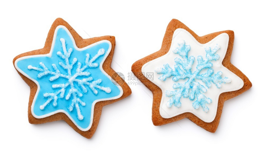 结霜以恒星形状的姜面包饼干用于圣诞节孤立白色背景糖自制图片