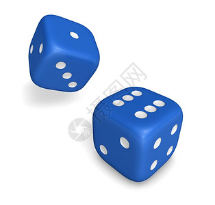 游戏骰子数字运气两张蓝色滚动骰子的3D显示六号图案和一张白底插图以色背景隔离财富设计图片