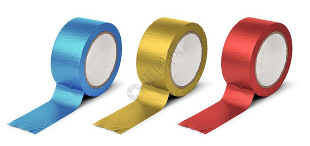 塑料胶带金属的蓝色黏黄和红金属胶卷修理白色背景上隔离的钢丝网分Duct胶卷设计图片