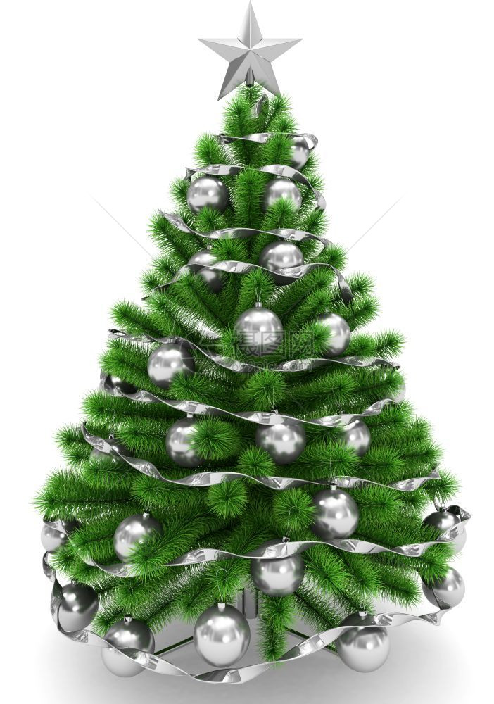 庆典圣诞树装饰着银的圣诞球明星和丝带孤立在白色3D夜晚闪亮的图片