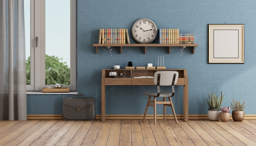 镶木地板具有小型制办公桌椅子和书架的小木制办公室3DRetro风格的家办公室小木制桌框架图书图片