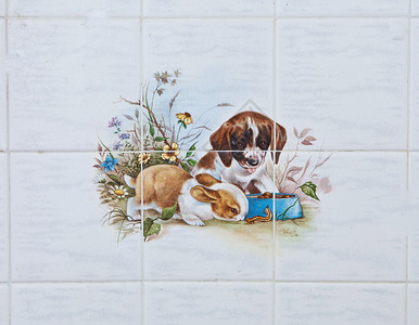 白色的用狗和兔子设计的装饰瓷砖丰富多彩的用过图片