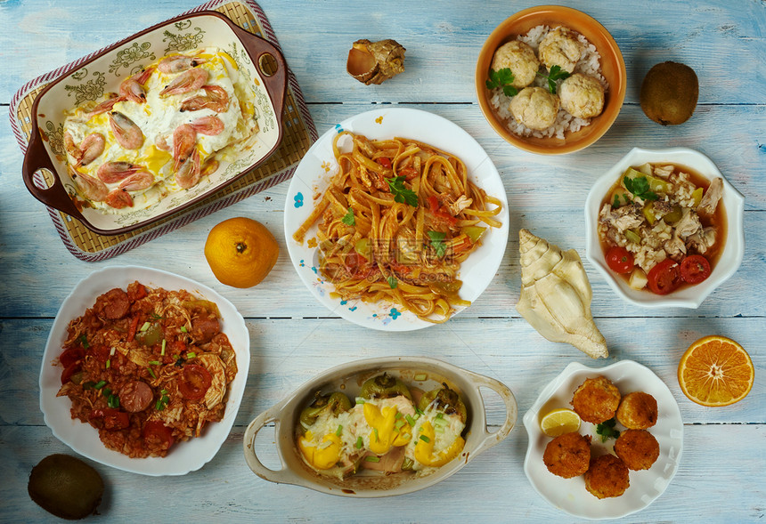 传统的最佳食物克里奥尔语烹饪传统各种菜盘顶层风景图片