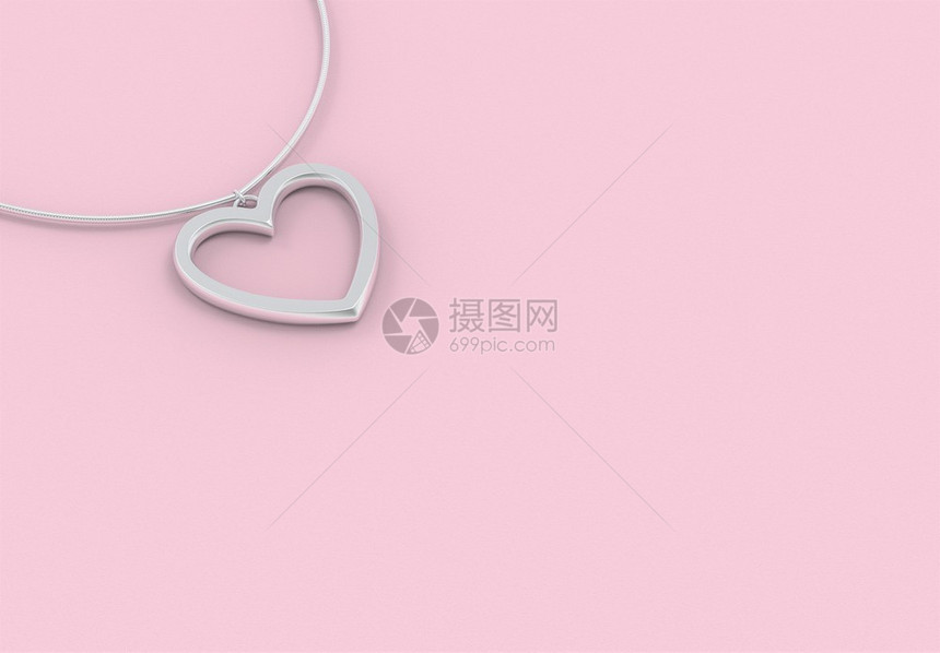 3d以甜粉色墙壁背景提供银心形状项链吊坠渲染婚礼图片