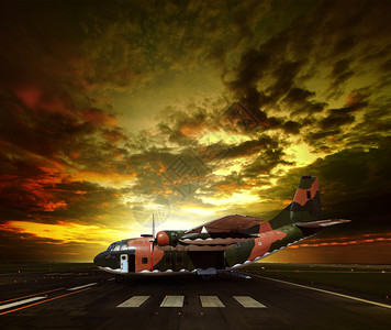全体人员战斗多云的在机场跑道上军用飞机对抗美丽的太阳升起天空图片