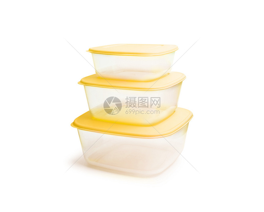 塑料食品储存容器白色背景上孤立的黄色颜有剪切路径和可微波小路透明图片