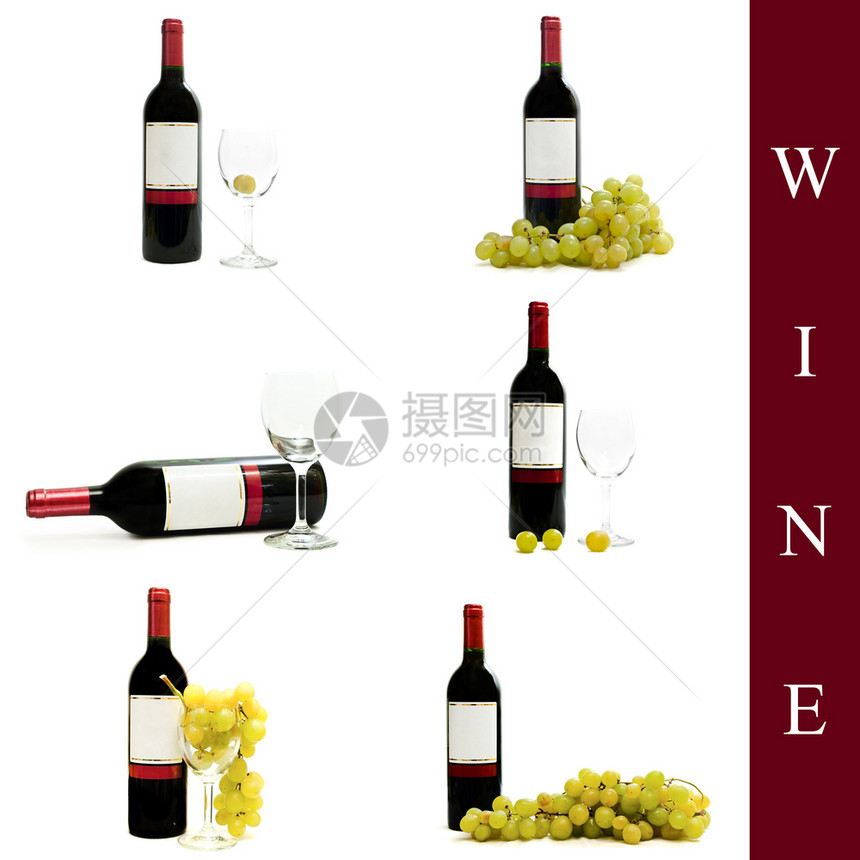 满的不同酒精白色背景上不同葡萄酒图像集图片
