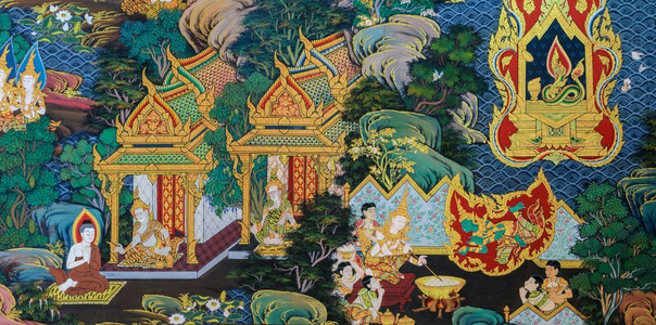 旅行佛教徒泰国阿尤塔亚古老佛教寺庙像画祖生命的壁画神话图片