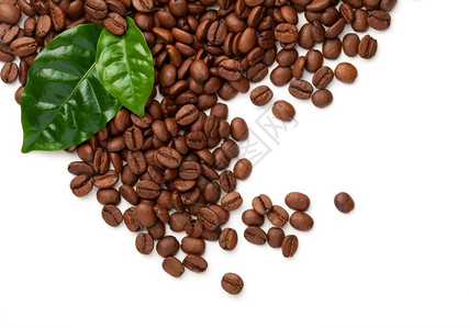 咖啡豆和绿叶背景图片
