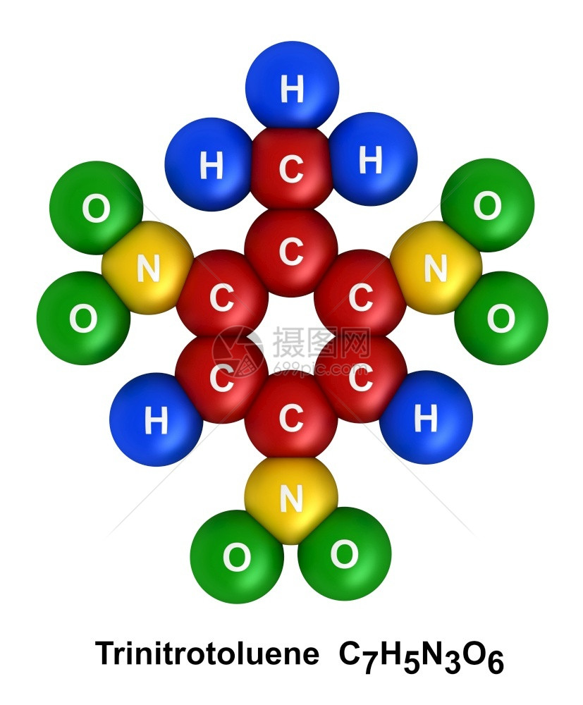 黄色的白背景上孤立的三硝基甲苯分子结构的3d交式Atoms以含氟H蓝色氧化氢绿色氮N黄碳C红的颜和化学符号编码为星体球象征图片