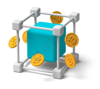 堵塞金融的蓝色Bittcoin加密货币块链概念3D白色背景投影图片