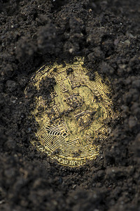 Bitcoin硬币在土壤中的比特币采矿加密概念货币银行少量图片