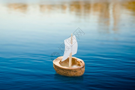 漂浮的海在蓝湖上漂浮着的带帆胡桃贝壳瓜拉纳皮图片
