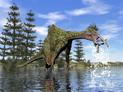 甲癣自然恐手龙白天捕鱼3D渲染恐手龙捕鱼渲染湖图片
