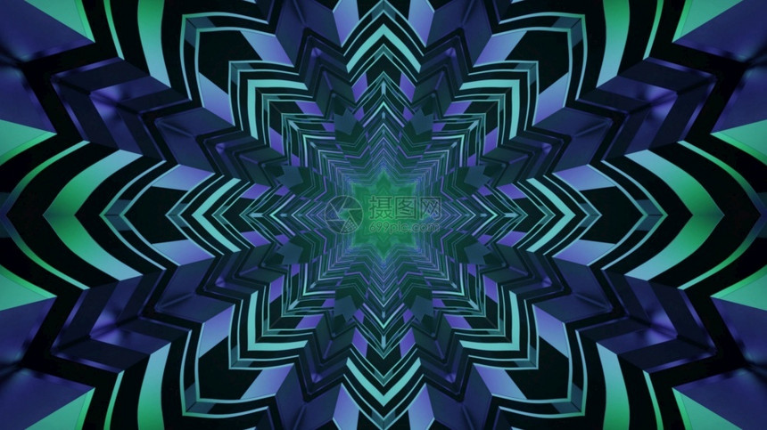 墙纸闪烁多彩的抽象艺术视觉背景重复恒星形状的装饰品创造了光学幻觉在4KUHD3d插图中以蓝色和绿射线照明用4K显示的极佳硅纤维隧图片