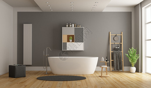 带浴缸的最小动物白灰浴室3D制成最动物白灰浴室公寓散热器地毯图片