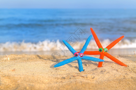 海滩上有趣多彩的海星鱼支撑橙夏天背景图片