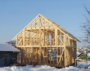 新住宅建筑房屋布设木林建筑冬季时间俄罗斯Wooden骨骼户外村庄图片