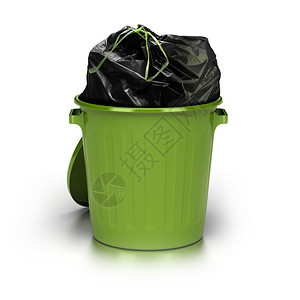 过度浪费白色背景的绿垃圾罐头里面有塑料封装袋演播室镜头加上3D垃圾绿色罐会是白背景拒绝治疗反射背景