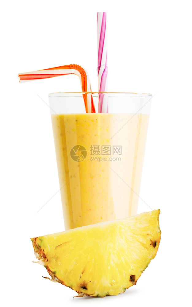 活力营养牛奶一杯菠萝冰或酸奶以菠萝切片隔离在白色背景上一杯菠萝冰或酸奶以菠萝切片隔绝图片