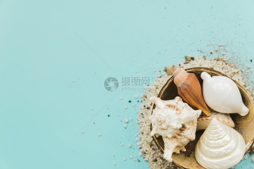 大约案子沙壳周围环绕贝放置椰子酸奶图片