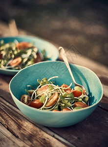 绿色饮食午餐盘上新鲜蔬菜混合沙拉图片