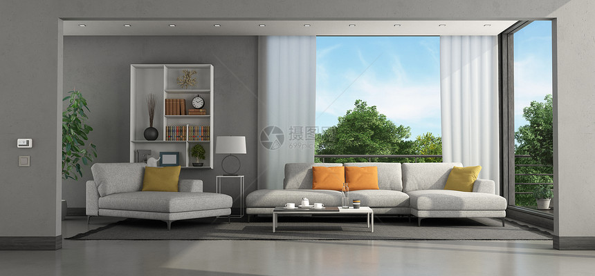 一间现代别墅的客厅有沙发和彩色房3D为一座现代别墅提供客厅内部的渲染人们图片