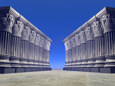 罗马石柱蓝色的天空中两行石柱或状体3D灰色的雕塑设计图片