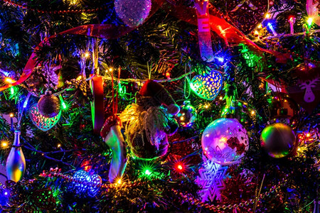 红色的象征圣诞节装饰树上灯分支图片