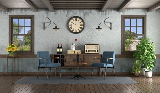 水平的优质木头Retro风格客厅配有扶椅靠板和木窗3D制成Retro风格客厅配有扶椅和侧板设计图片