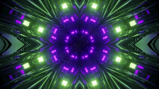 艺术品圆形的紫色以洞对称绿色和紫荧光灯在玻璃镜面墙中反射到几何隧道3d插图中反射到有光线的闪灯然后用圆洞和对称绿色紫亮光灯在Sc背景图片