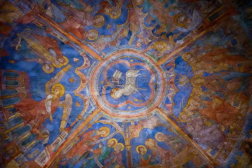 叉Braunschweig大教堂主牛天顶上多彩的中世纪绘画间是的和平羊群图片