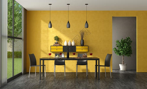 黑色和黄餐室墙上有木制桌皮椅和壁边板3D黑黄最小餐厅家具地面椅子图片