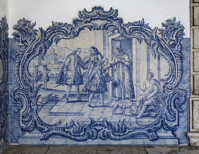 清莱白骚圣佩德罗阿尔坎塔拉阁楼修道院的6个壁板之一在葡萄牙里斯本描绘了18世纪方济各会寺庙慈善事业纪念碑控制板设计图片