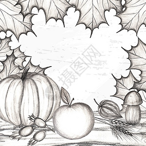 玫瑰苹果水果为了秋天快乐的概念和收获的假期手绘树叶子是枫橡木南瓜苹果蘑菇狗玫瑰fizalis橡子小麦的地方文本快乐秋天的概念和收获的假期设计图片