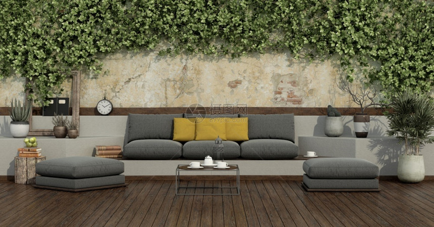 晴天旧墙和灰沙发上有常春藤的花园灰沙发上的黄色坐垫木地板上的脚凳3D老的自然图片