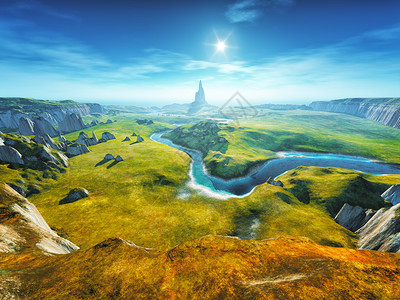 蜿蜒河户外三个多彩的幻想景色3D演化太阳塔设计图片