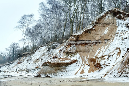 冬天木头季的海岸被毁雪中积陡峭的冰河深处倾斜冬季的海岸被破坏景图片