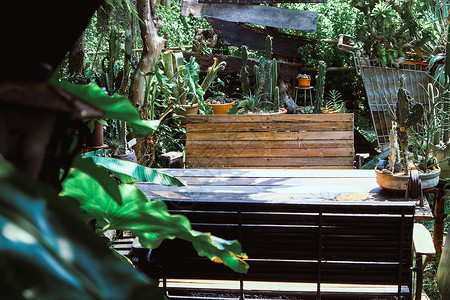 园中木质餐桌花玻璃绿色户外高清图片素材