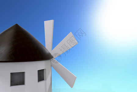 3D在阳光明媚的天起风车蓝空背景户外复古的蓝色图片
