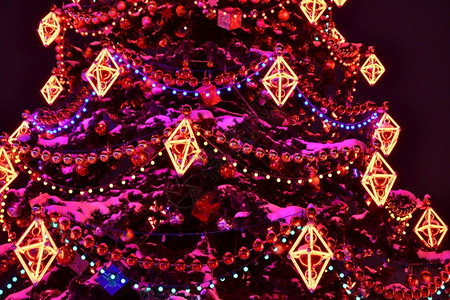 圣诞树上发光的装饰串灯图片