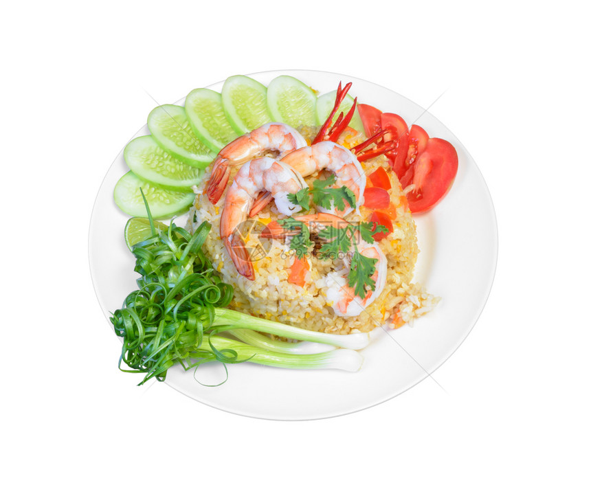 营养亚洲食品白种蔬菜分离的虾炒米和白种蔬菜绿色美味的图片
